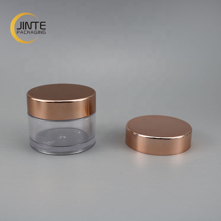 Luxury PETG Packaging 30ml 1oz clear body jar with shiny rose gold cap for dipper powder