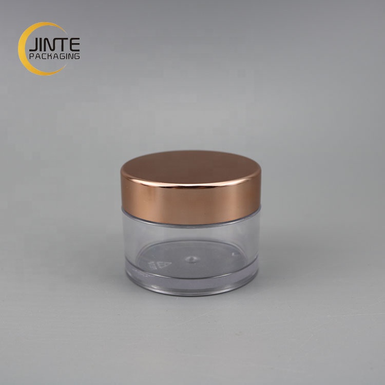Luxury PETG Packaging 30ml 1oz clear body jar with shiny rose gold cap for dipper powder