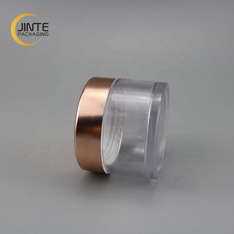 Luxury PETG Packaging 30ml 1oz clear body jar with shiny rose gold cap for dipper powder