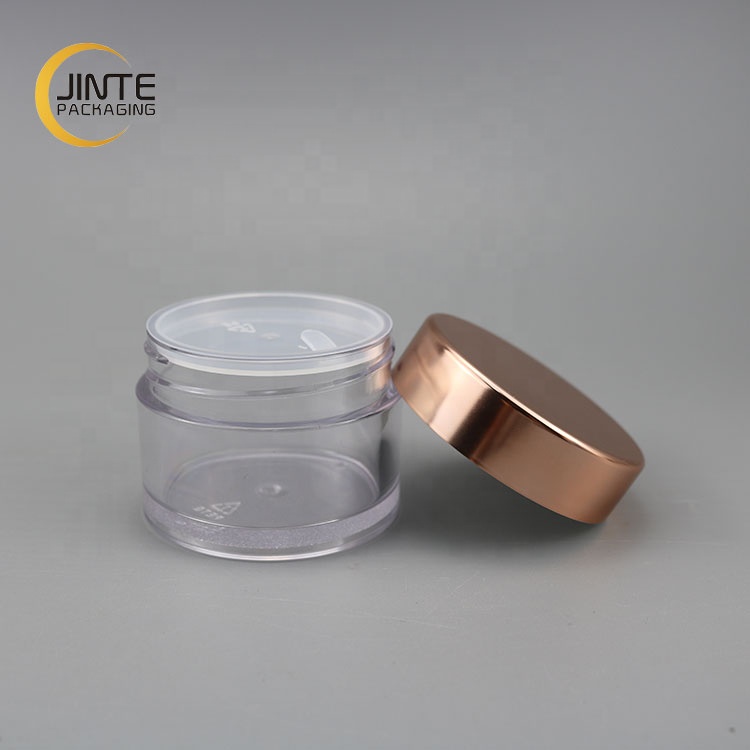 Luxury PETG Packaging 30ml 1oz clear body jar with shiny rose gold cap for dipper powder
