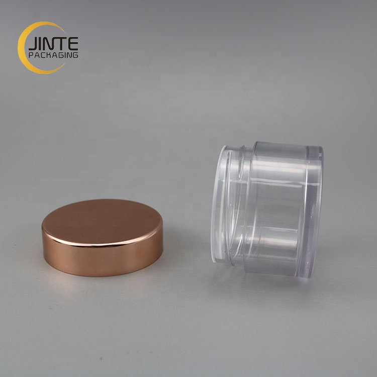 Luxury PETG Packaging 30ml 1oz clear body jar with shiny rose gold cap for dipper powder