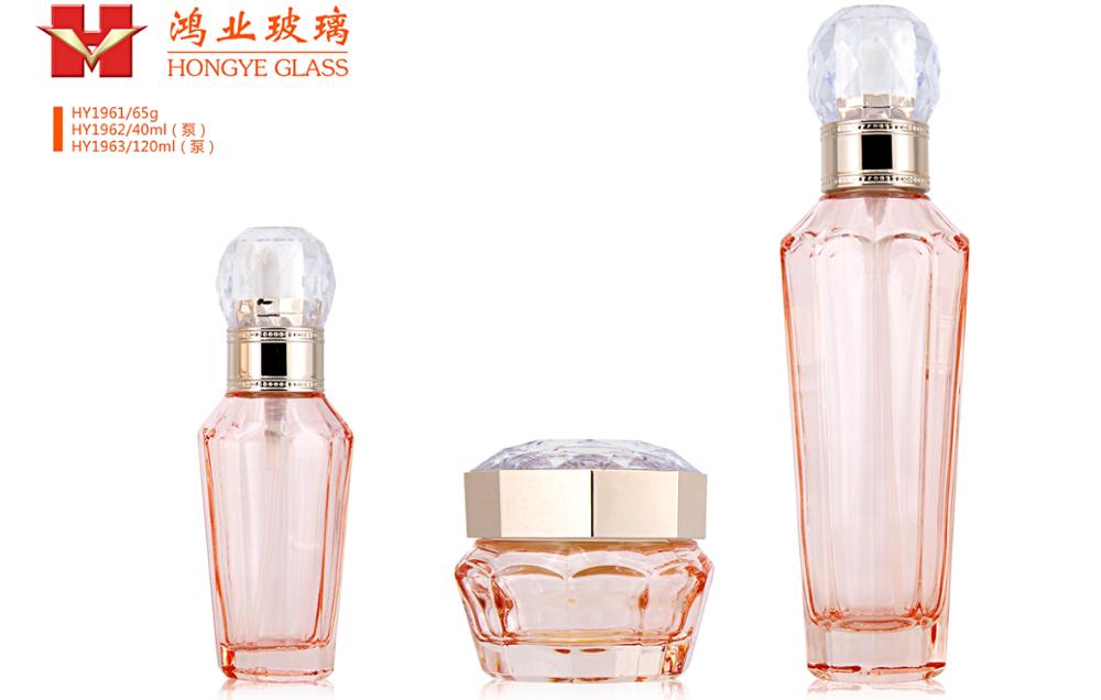 Luxury Pink Color Diamond Shape Cosmetic Glass Lotion Bottle Cream Jar 65g Manufacturer