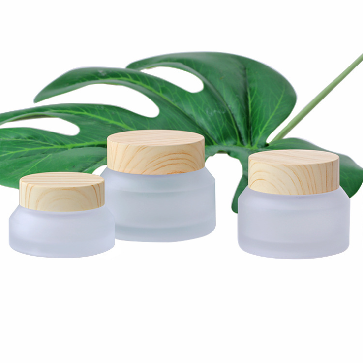 Luxury Plastic Wooden Grain Cap Clear Frosted Cosmetics Containers Empty Glass Cream Jars Bottles 15G 30G 50G