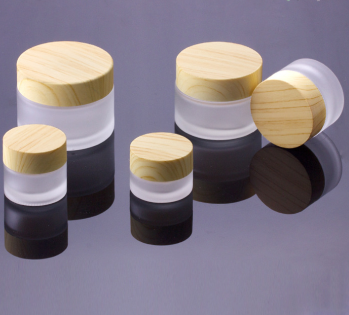Luxury Plastic Wooden Grain Cap Clear Frosted Cosmetics Containers Empty Glass Cream Jars Bottles 15G 30G 50G