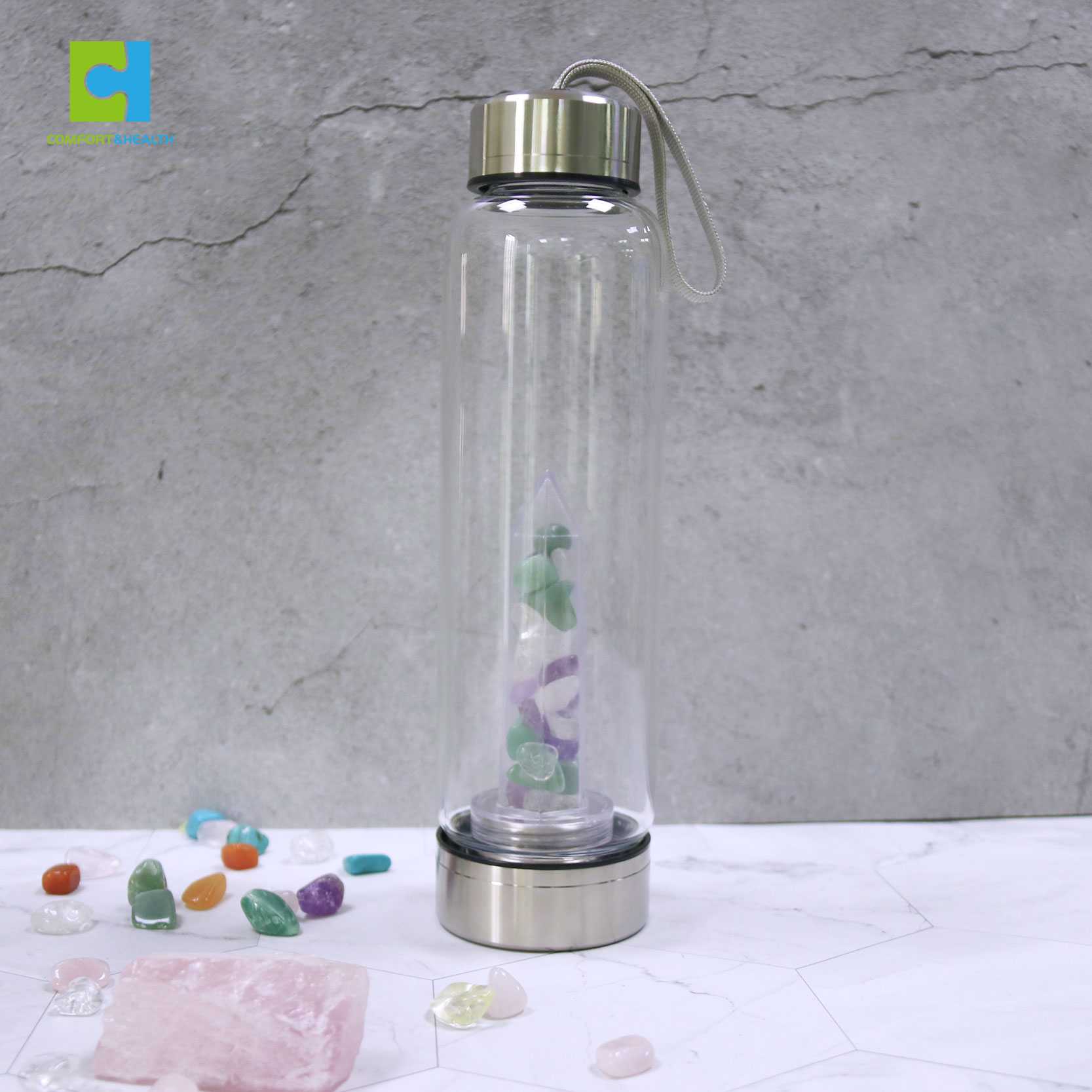 Luxury Private Label Eco Chakra Crystal Gemstone Water Bottle