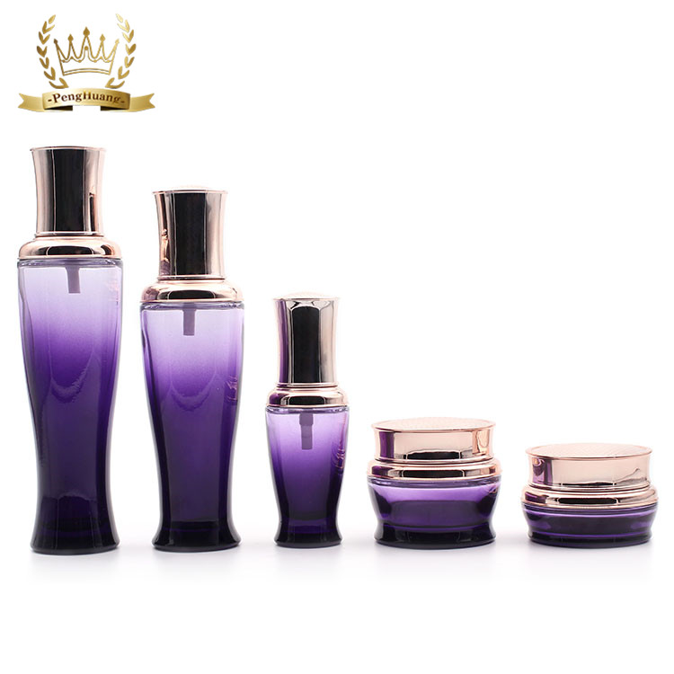 Luxury Purple Cosmetic Packaging Skin Care Cream Jars Lotion Pump Glass Bottles Set