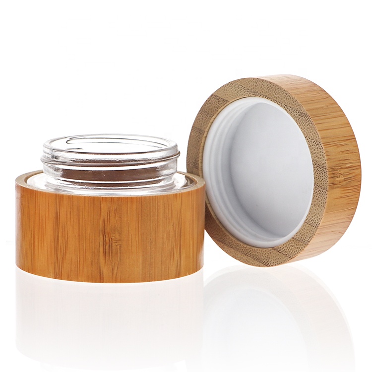 Luxury Round Double Wall Glass Bamboo Cosmetic Jar Containers Packaging 50g