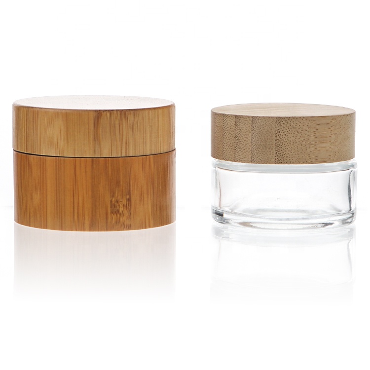 Luxury Round Double Wall Glass Bamboo Cosmetic Jar Containers Packaging 50g