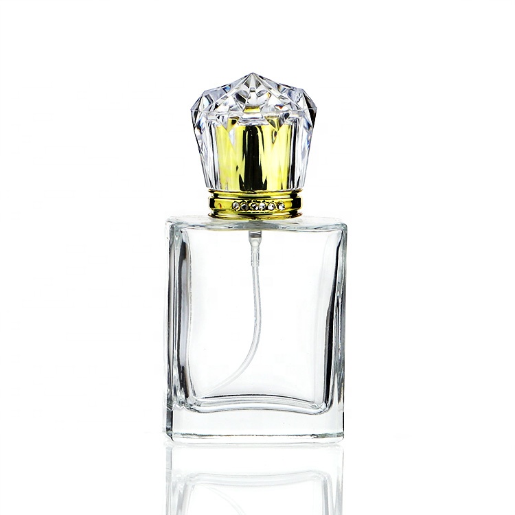 Luxury Screw Spray Refillable Diamond Cap Square 50ml Perfume Glass Bottle
