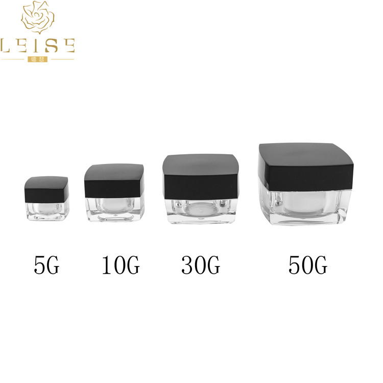 Luxury Square Acrylic Empty Jar Cosmetic cream emulsion 5 10 15 30 50g Clear body with golden silver Black lid double wall jar