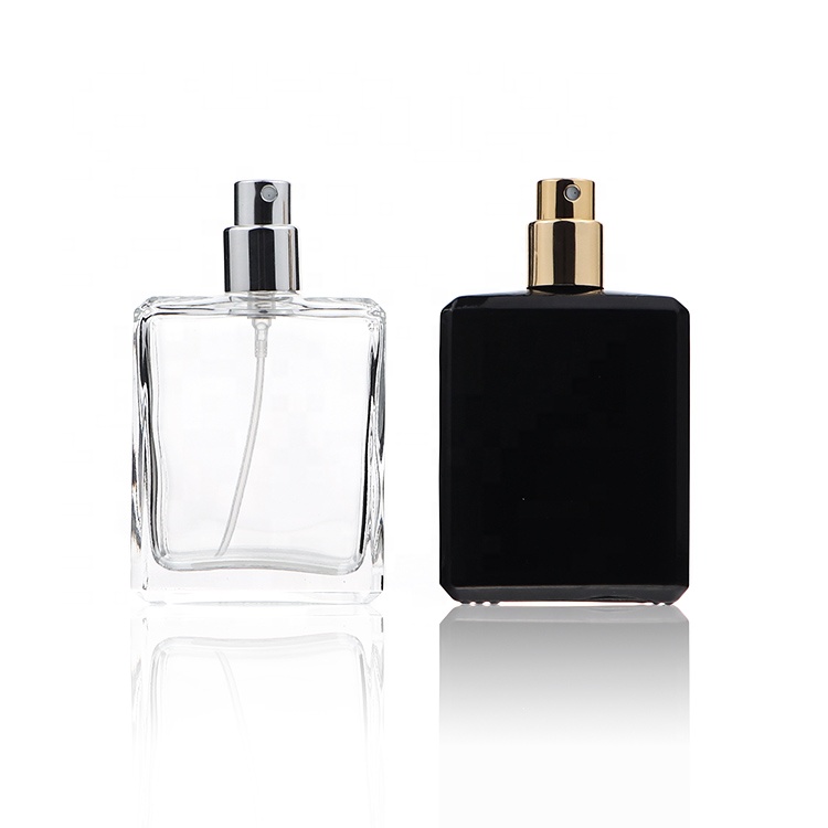 Luxury Square Black Clear Glass Perfume Spray Bottle 50 ml 100ml Low Moq