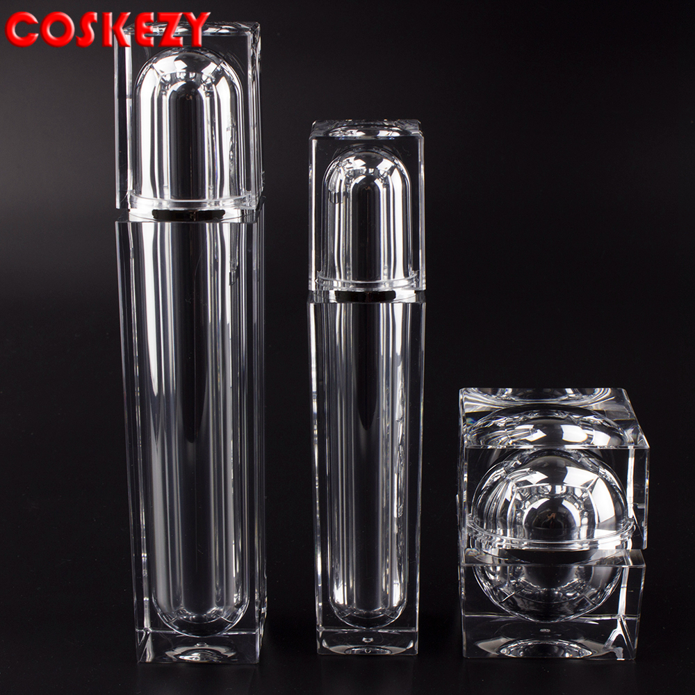 Luxury Square Shape Acrylic Cosmetic Packaging 30g 50g Cream Jar and 30ml 50ml 80ml 120ml Serum Bottle with Dispenser