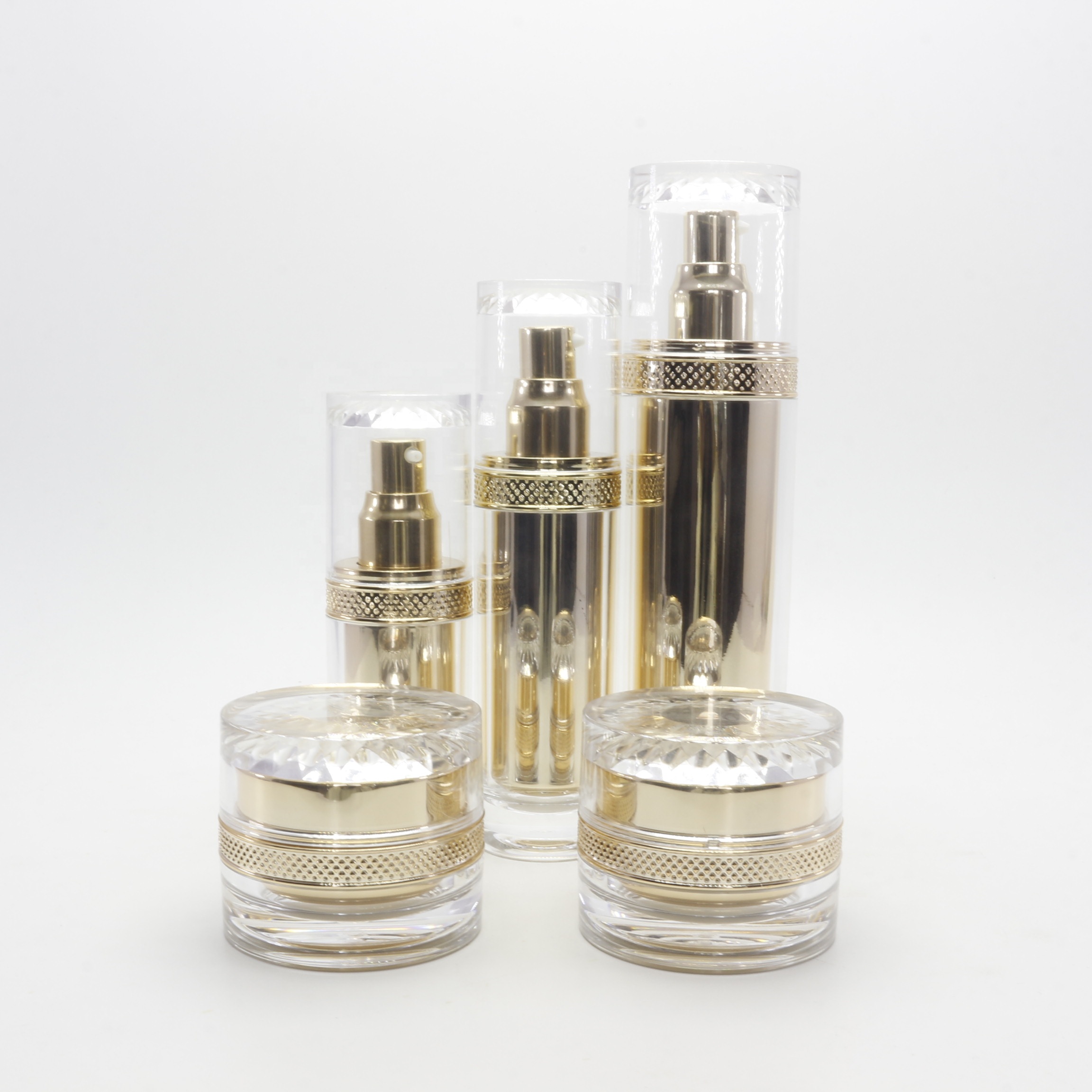 Luxury acrylic series 100ml plating emulsion lotion gold bottle  with  aluminum ring pump head AC-67K