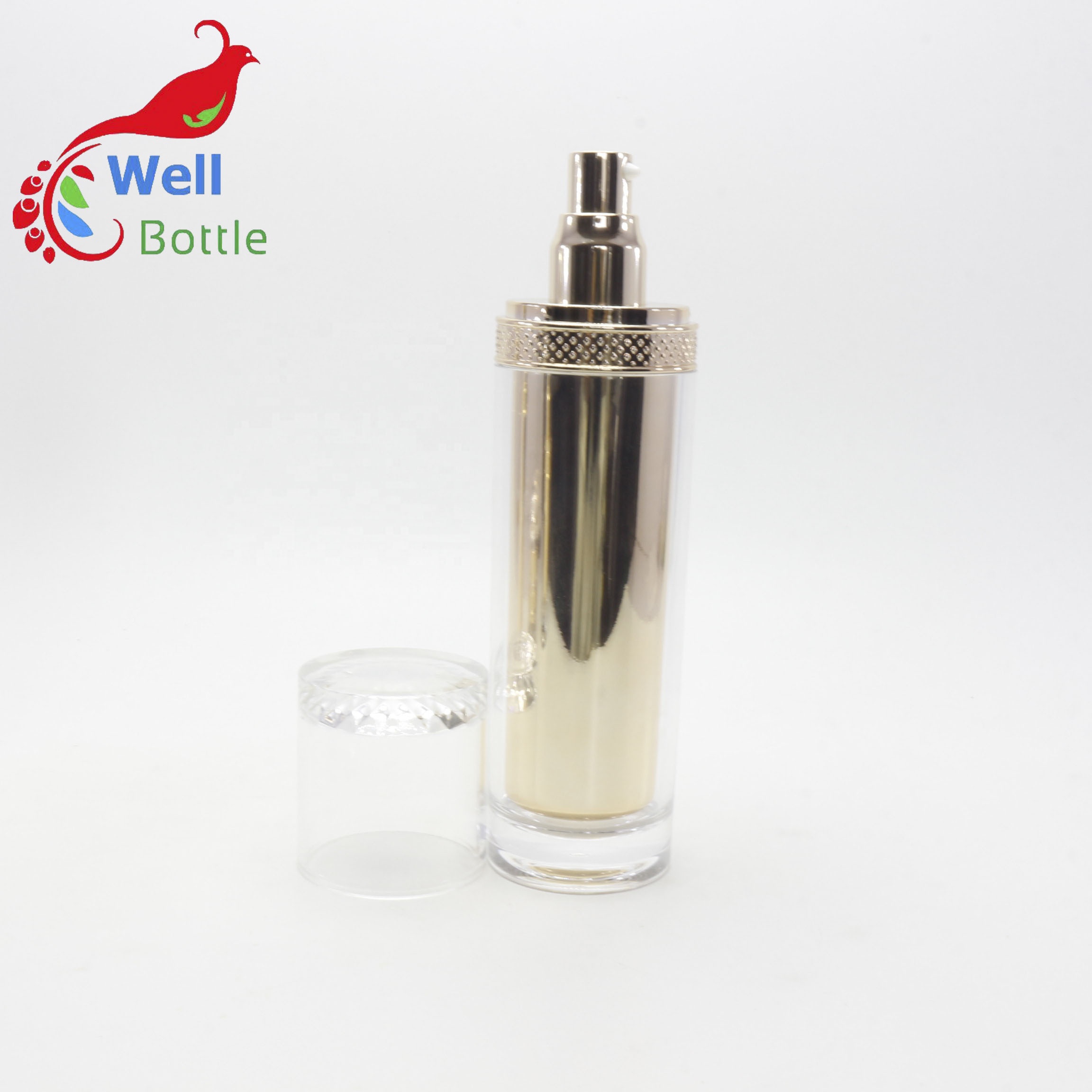 Luxury acrylic series 100ml plating emulsion lotion gold bottle with aluminum ring pump head AC-67K