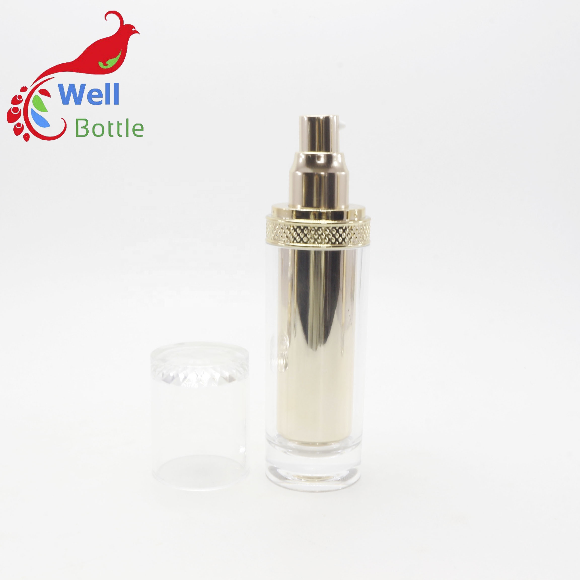 Luxury acrylic series 100ml plating emulsion lotion gold bottle with aluminum ring pump head AC-67K