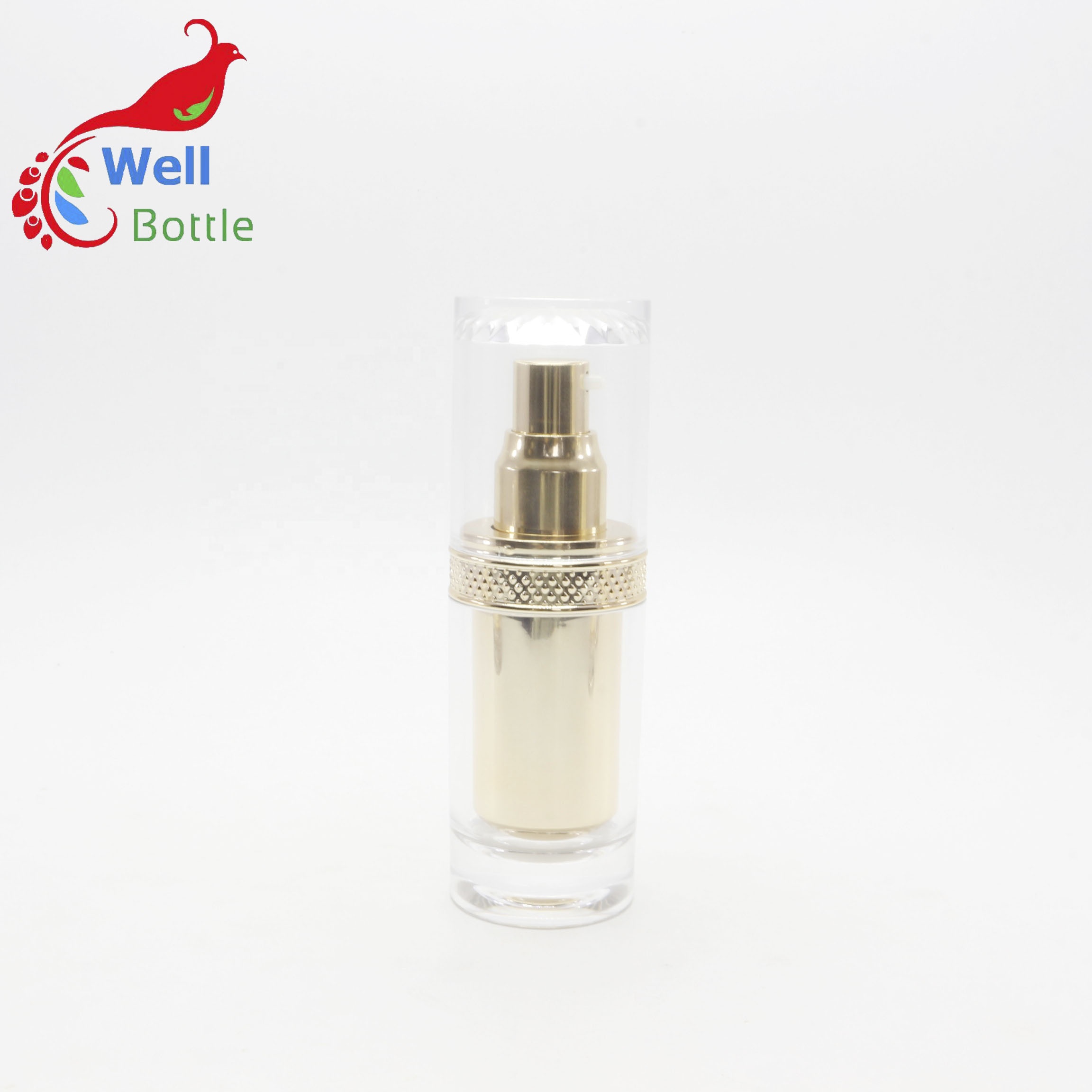 Luxury acrylic series 100ml plating emulsion lotion gold bottle with aluminum ring pump head AC-67K