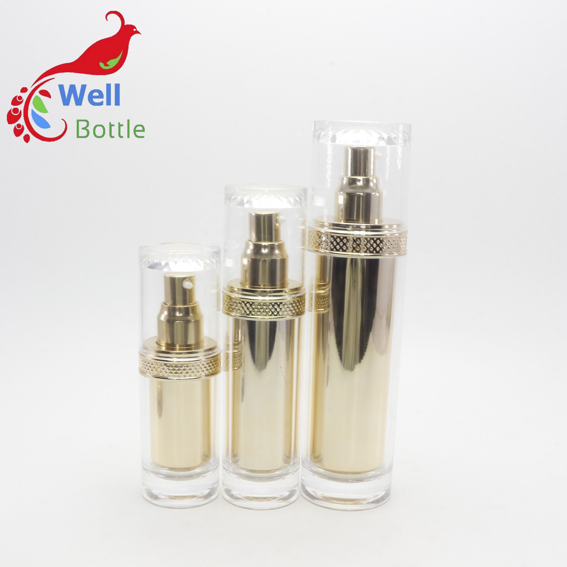 Luxury acrylic series 100ml plating emulsion lotion gold bottle with aluminum ring pump head AC-67K
