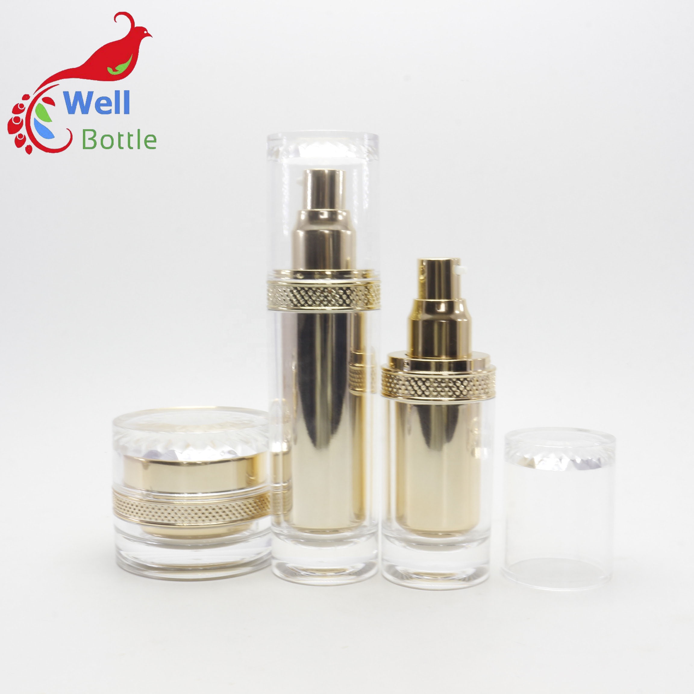 Luxury acrylic series 100ml plating emulsion lotion gold bottle with aluminum ring pump head AC-67K