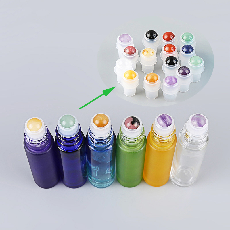 Luxury amber black blue green clear 10 ml perfume essential oil glass 10ml roll on bottles with gemstone roller