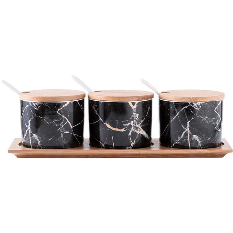 Luxury black marble kitchen seasoning condiment spice canisters sets / ceramic  canister with tray for hotel