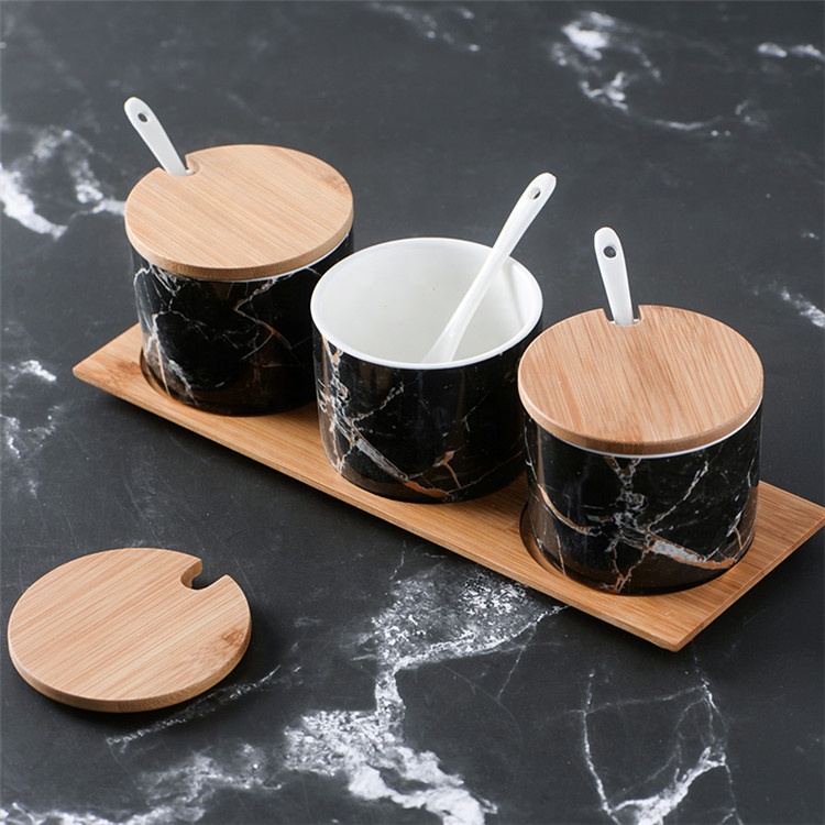 Luxury black marble kitchen seasoning condiment spice canisters sets / ceramic canister with tray for hotel