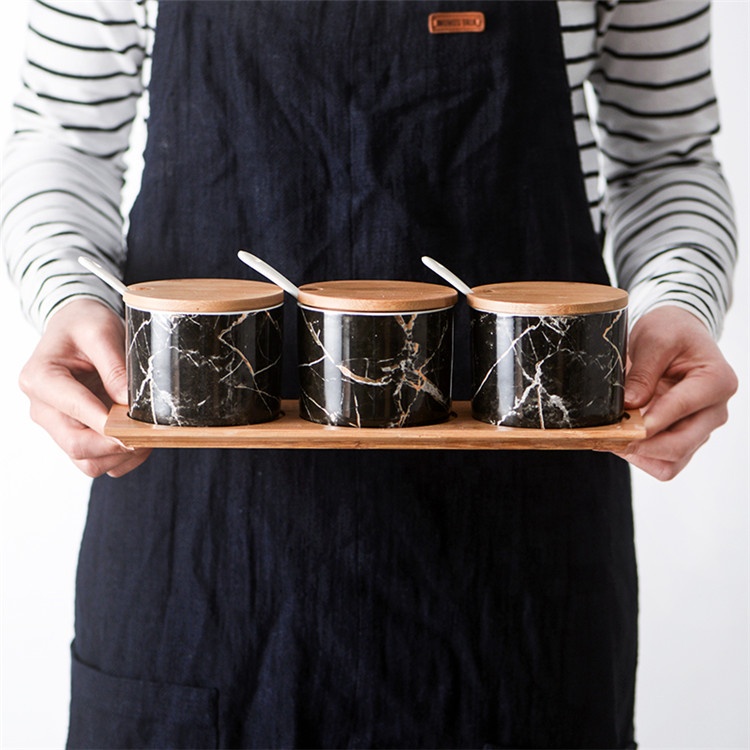 Luxury black marble kitchen seasoning condiment spice canisters sets / ceramic canister with tray for hotel