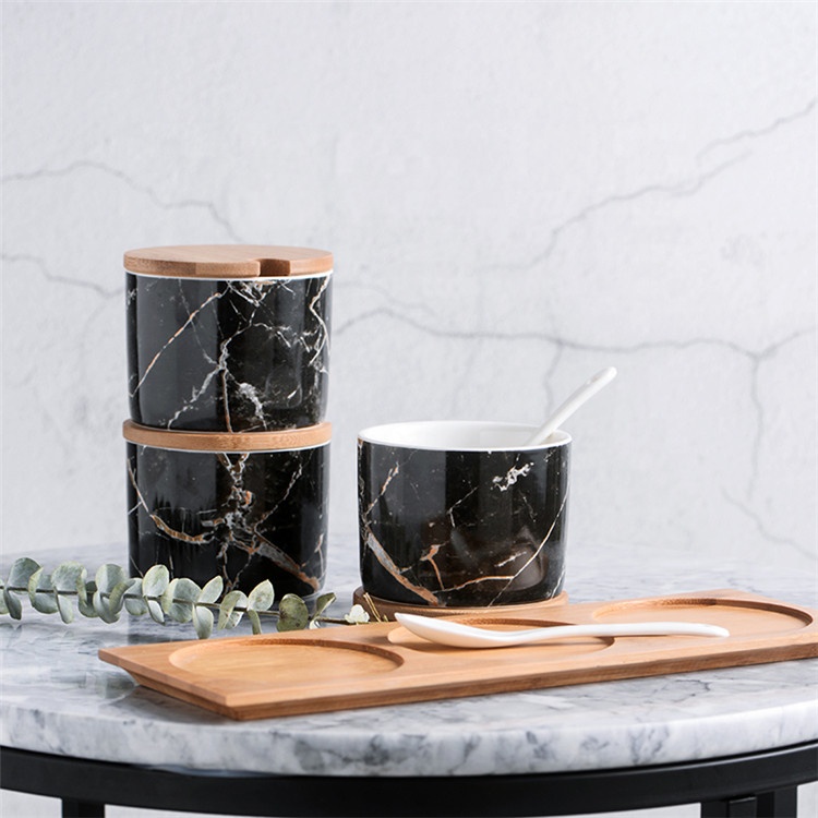 Luxury black marble kitchen seasoning condiment spice canisters sets / ceramic canister with tray for hotel