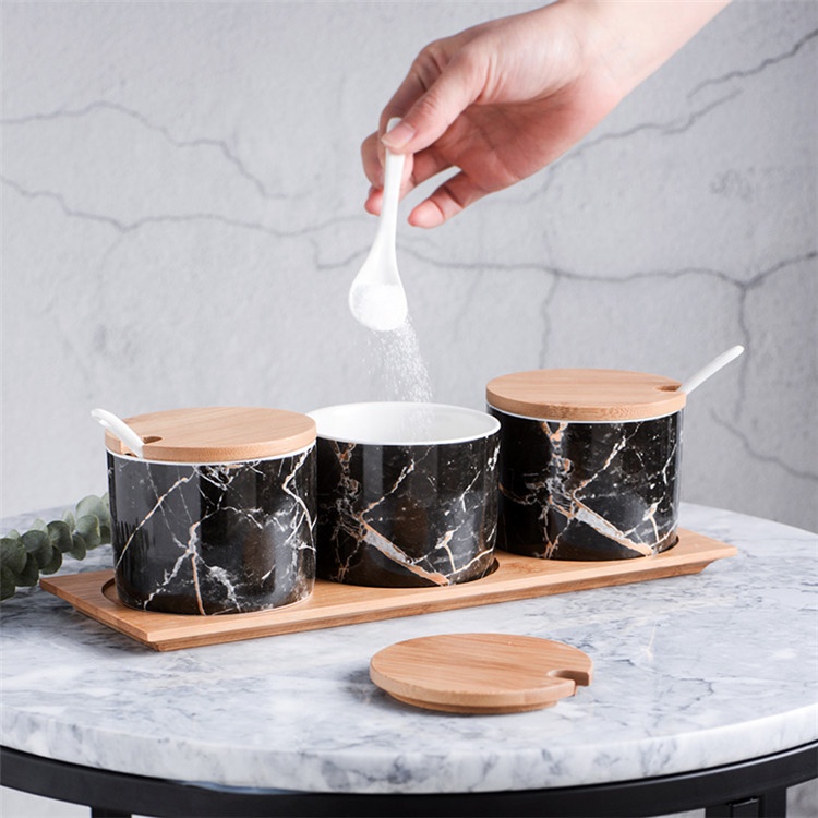 Luxury black marble kitchen seasoning condiment spice canisters sets / ceramic canister with tray for hotel