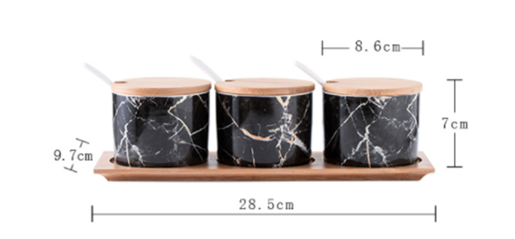 Luxury black marble kitchen seasoning condiment spice canisters sets / ceramic canister with tray for hotel
