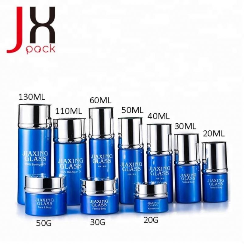 Luxury blue black red gold 20ml 30ml 50ml glass cream jar with aluminum cap cosmetic jar packaging bottle set