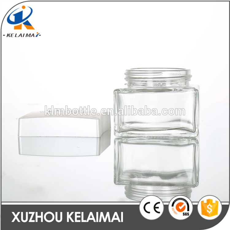 Luxury clear 120ml square shaped glass cosmetic cream jars with plastic lids