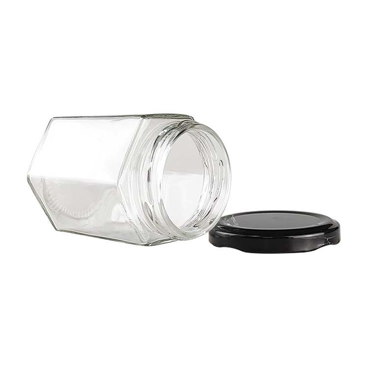 Luxury clear 250ml 500ml 750ml honey jar with metal lid hexagon glass honey jar