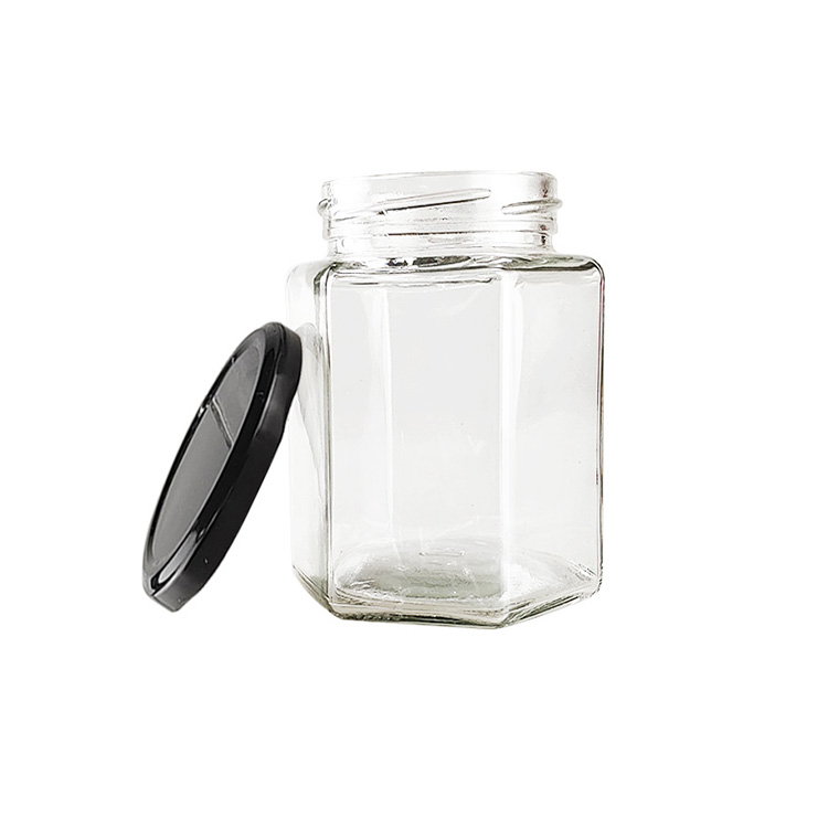 Luxury clear 250ml 500ml 750ml honey jar with metal lid hexagon glass honey jar