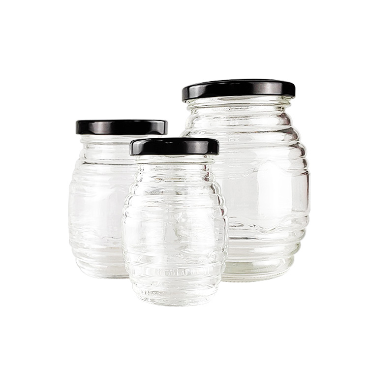 Luxury clear 250ml 500ml 750ml honey jar with metal lid hexagon glass honey jar