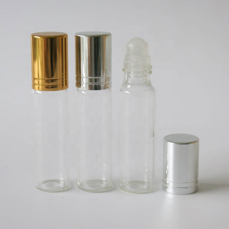 Luxury clear 7ml roll on glass bottle for perfume enssential oil with gold and sliver aluminum cap