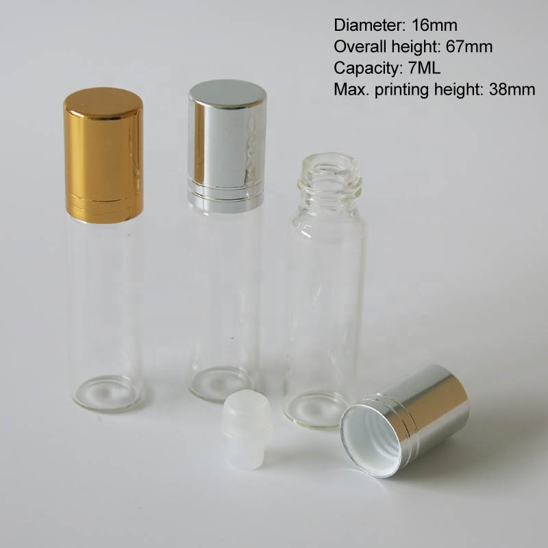 Luxury clear 7ml roll on glass bottle for perfume enssential oil with gold and sliver aluminum cap