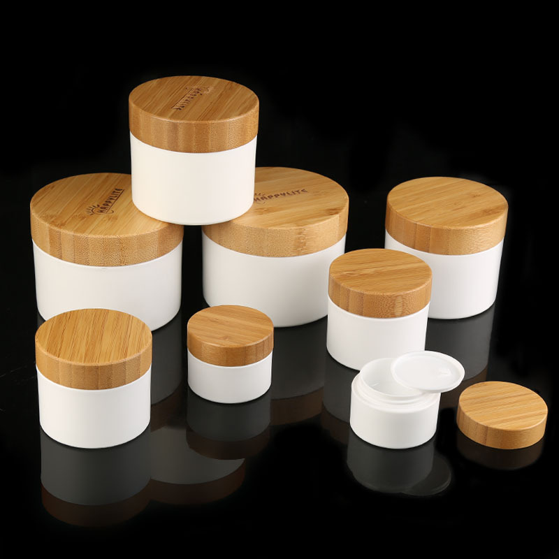 Luxury cosmetic 20g 30g 50g 100g 150g PP plastic skin care cream jar with bamboo wood cap