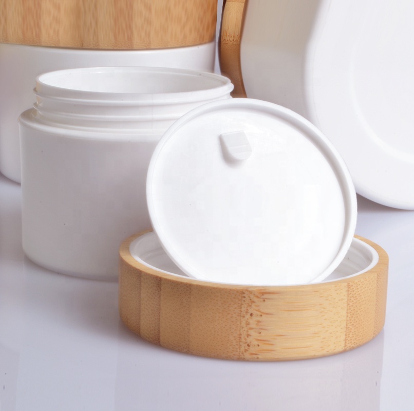 Luxury cosmetic 20g 30g 50g 100g 150g PP plastic skin care cream jar with bamboo wood cap