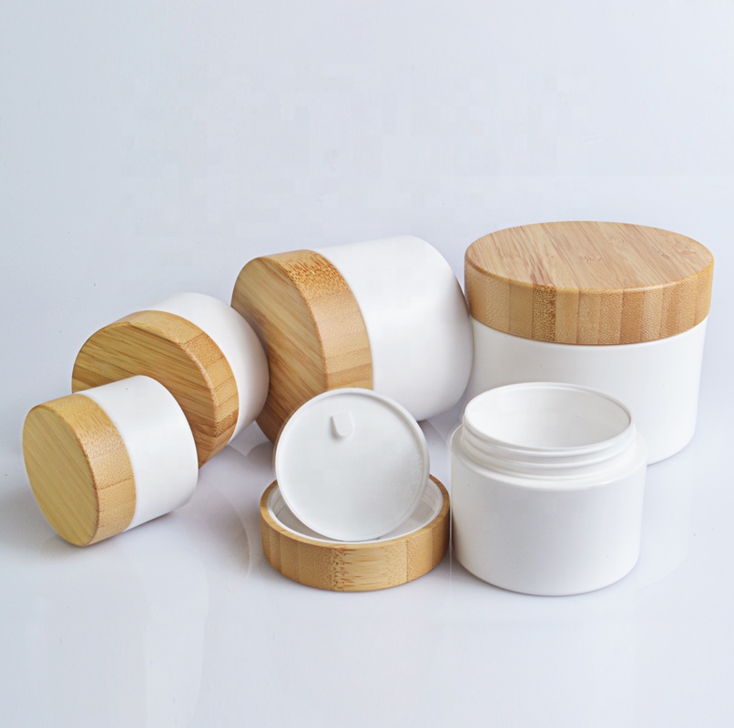 Luxury cosmetic 20g 30g 50g 100g 150g PP plastic skin care cream jar with bamboo wood cap