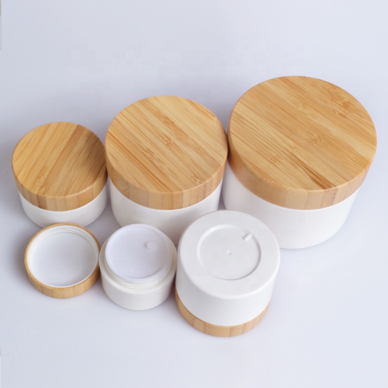 Luxury cosmetic 20g 30g 50g 100g 150g PP plastic skin care cream jar with bamboo wood cap