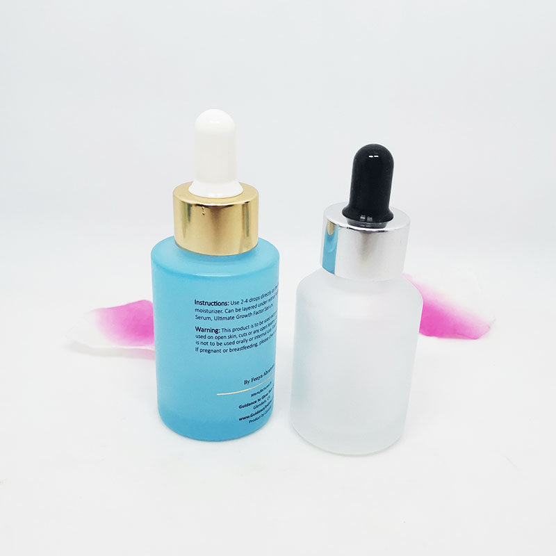 Luxury cosmetic 30ml clear frosted flat glass dropper bottle with cap