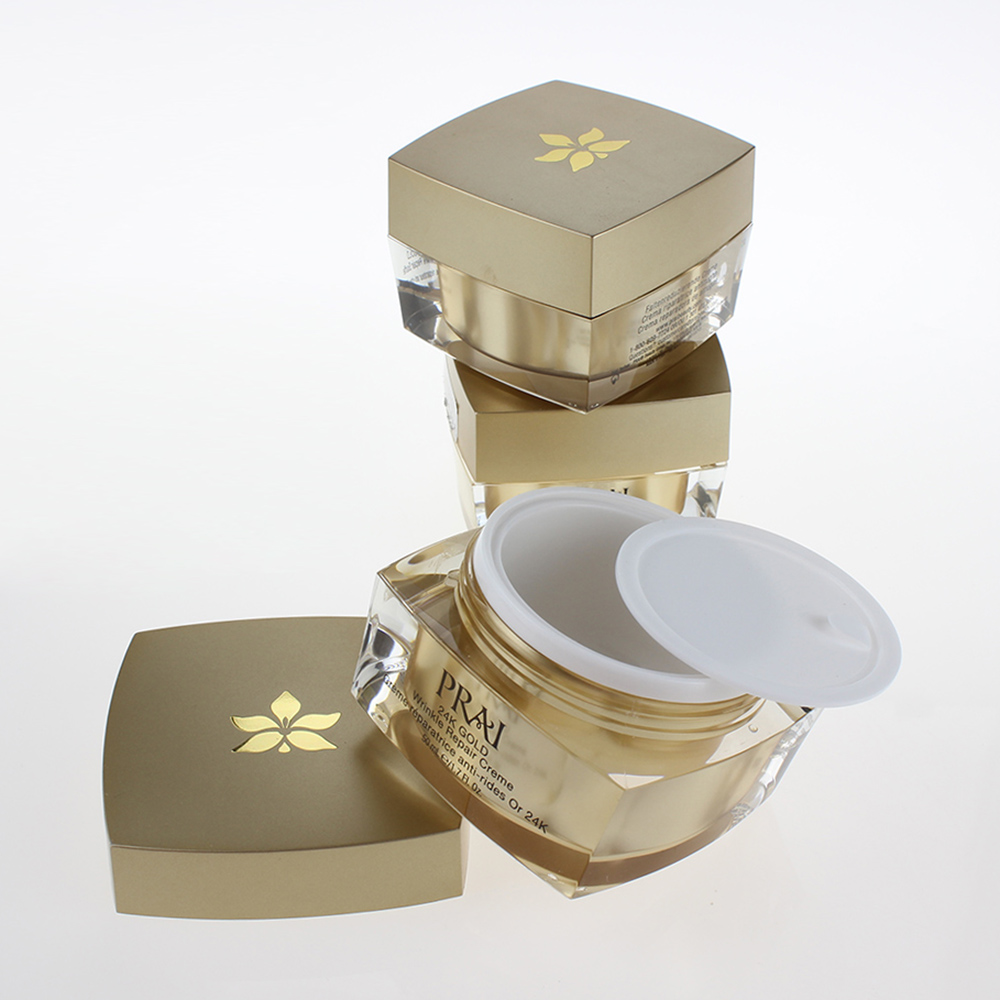 Luxury cosmetic container gold cosmetic cream jar 15ml, gold square acrylic double thick jar