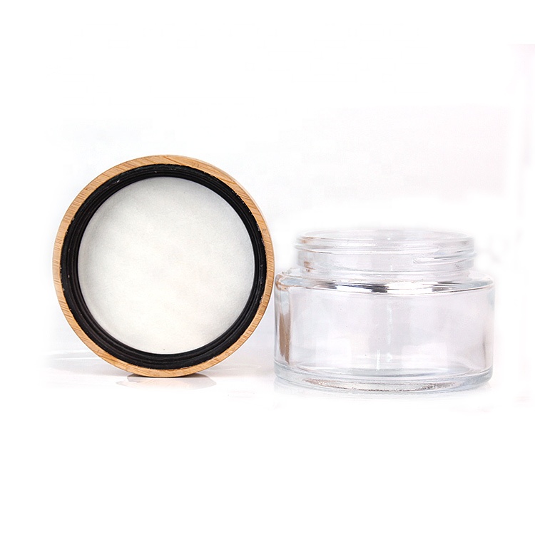 Luxury cosmetic packaging 100g clear glass cream jar with plastic inner bamboo wooden lid