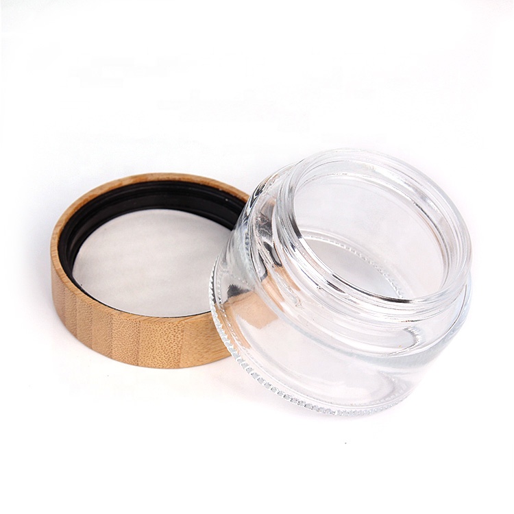 Luxury cosmetic packaging 100g clear glass cream jar with plastic inner bamboo wooden lid