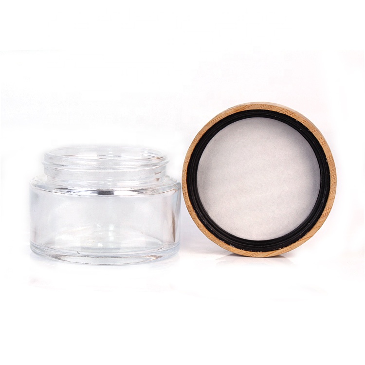 Luxury cosmetic packaging 100g clear glass cream jar with plastic inner bamboo wooden lid