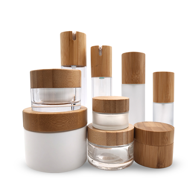 Luxury cosmetic packaging 15g 30g 50g 100g glass face body cream jar with bamboo cap bamboo cosmetic packaging