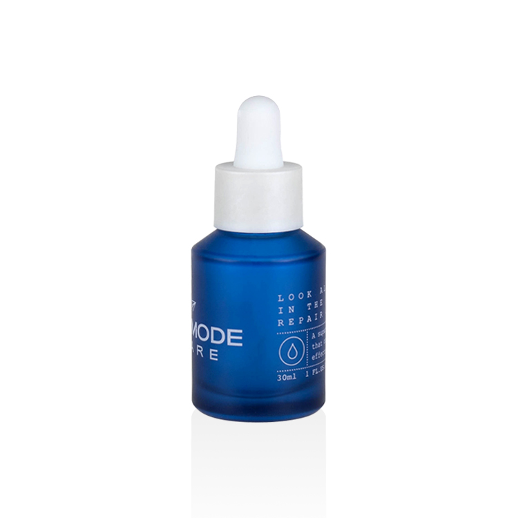 Luxury cosmetic packaging 15ml 30ml 60ml repair oil slant shoulder frosted blue serum glass bottle with pearl white dropper cap