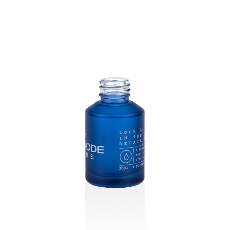 Luxury cosmetic packaging 15ml 30ml 60ml repair oil slant shoulder frosted blue serum glass bottle with pearl white dropper cap