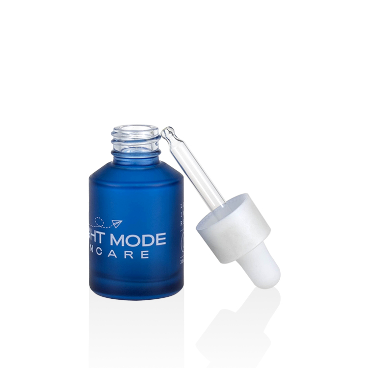 Luxury cosmetic packaging 15ml 30ml 60ml repair oil slant shoulder frosted blue serum glass bottle with pearl white dropper cap