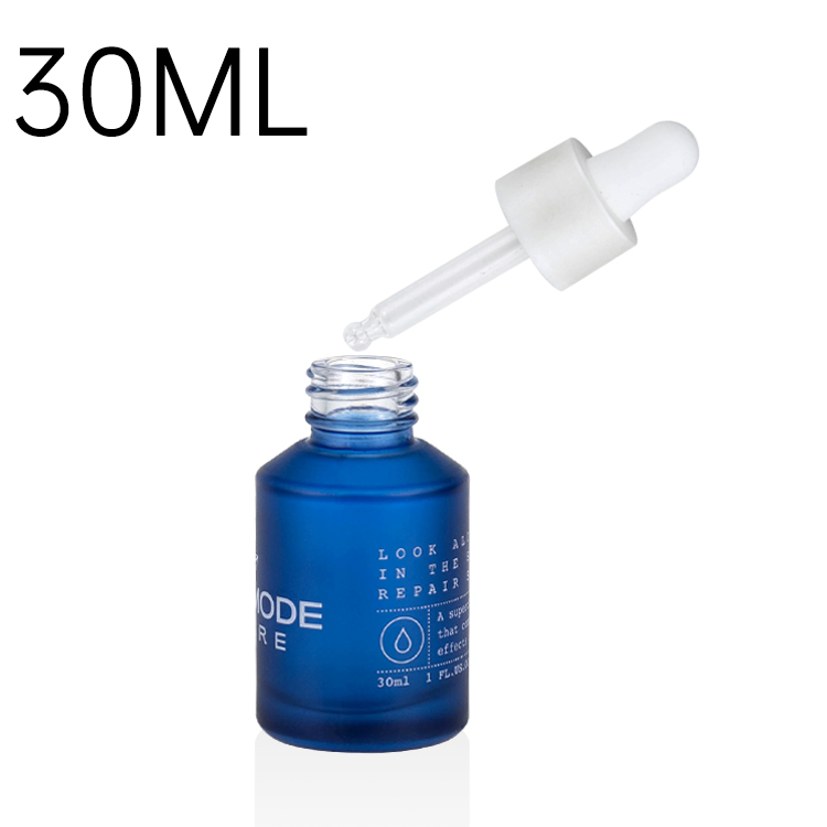 Luxury cosmetic packaging 15ml 30ml 60ml repair oil slant shoulder frosted blue serum glass bottle with pearl white dropper cap